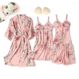 Home Clothing Kimono Bathrobe Gown Satin 4PCS Pajamas Suit Women Print Flower Sleepwear Soft Intimate Lingerie Lace Nightgown Homewear