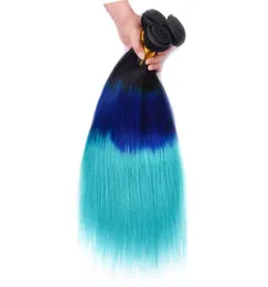 Tr￪s tons 1bblueTeal ombre peruan Extens￵es de cabelo humano duplas de trama duplas raiz escura azul teal ombre Virgin Hair weaves 3 pacote D9825262