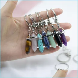 Keychains Lanyards Chakra Hexagon Prism Natural Stone Keychain Key Ring Handbag Hangs Fashion Jewelry Gift Drop Delivery Accessorie Dhrio