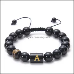 Perlen Az Englischer Buchstabe 10 mm Naturstein Tigerauge Schwarzer Achat Perlenarmband Initiale gewebte verstellbare Armbänder Armreif Manschette Frauen DHNFT