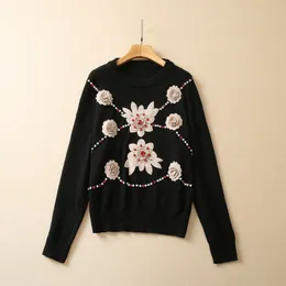 2023 Spring Black Floral Applique Beaded Knitted Sweater Long Sleeve Round Neck Pullover Style Sweaters S2N22SW