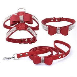 Dog Collars Leashes 3 Peices Suit Dog Harness Collar Leash Adjustable Soft Suede Fabric Shining Diamonds Pet Vests For Dogs Comfor Dhae7