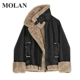 Womens Leather Faux MOLAN Warm Fur Overcoat Woman Winter Design Loose Long Sleeve Thick Coat Female Zipper Chic Jacket 221122