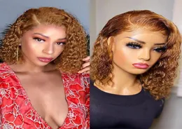 27 Farbe kurzer lockiger Bob -Per￼cke Spitzenfront menschliches Haar f￼r Frauen brasilianische Honigblondike Kinky Curl