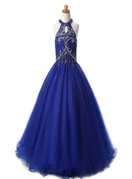 Modern Royal Blue Halter Girls Pageant Dresses 2022 Crystal kralen pailletten tule a line holle back Long Kids formal prom jurk5823813