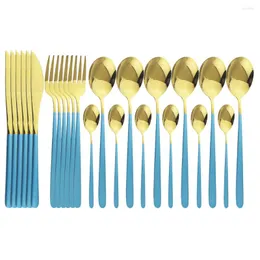Conjuntos de louça 24 peças 18/10 aço inoxidável brilhante ouro azul talheres talheres talheres talheres jantar faca e garfo cair