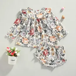 의류 세트 가을 2pcs 아기 여자 캐주얼 출신 Borns Infant Retro Floral Printed Pattern Long Sleeve Pullovers Bloomers Outfits