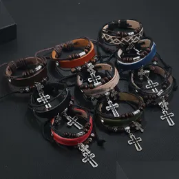 Charm Armbänder Jesus Kreuz Charm Armband Holz Perlen String Einstellbare Mtilayer Wrap Leder Armbänder Armreif Manschette Für Frauen Männer Fa Dh2Nt