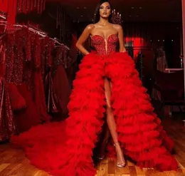 Rote sexy Abschlussballkleider mit Schatz Pailletten abgestufte Tutu -Röcke vorne Split Abendkleid Lange personalisierte Promi -Partykleider5467658