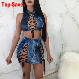 Tvådelad klänning Summer Halter Bandage Crop Top Elastic midja Drawstring Kjol Set Lace Up Mini Birthday Outfits 221122