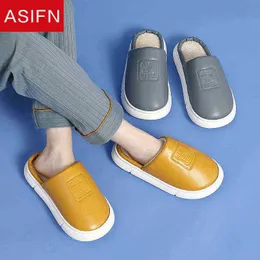 Asifn algodón Pu zapatillas casa mujer impermeable invierno cuero hogar suelas gruesas interior cálido hogar felpa hombres algodón zapatillas J220716