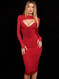 캐주얼 드레스 Hugcitar Solid Red Khaki Long Sleeve O Neck Out Maxi Evening Dress Fall Bodycon Party Elegant Streetwear restidos 221121