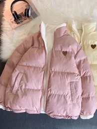 Jackets femininas jmprs bordados fofos mulheres casaco de parkas inverno inverno grosso penteava coreano solto jaqueta quente design de dupla face rosa roupas de aluno 221122