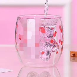 Mugs Cute Sakura Cat Paw Claw Cup Floral Cherry Double Layer Glass Coffee Milk Mug Cartoon Transparent Kawaii Gift for Chritmas 221122