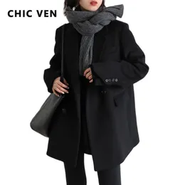 Women's Wool Blends CHIC VEN Women Blend Coat Solid Mid Long en Blazer Thick Warm Blouse Overcoat Office Lady Tops Autumn Winter 221122