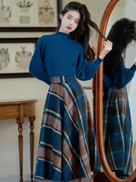 Two Piece Dress Elegant Sweater Pullovers Plaid Skirts Set s Clothing Autumn Winter Two piece Suits Cool FP594 221122