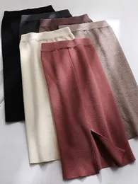 Skirts gkfnmt Womens Knitted Straight Solid Basic Ladies High Waist Kneelength Skirt Streetwear Autumn Winter 221122