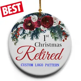 Decorazioni natalizie Ornamenti pendenti a forma di cuore con stella a cerchio rotondo da 3 pollici Ornamento piatto in ceramica vuoto a sublimazione personalizzata