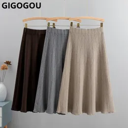 Saias gigogou Autumn Winter Mulheres tricotadas plissadas elegantes grossos quentes uma linha chique maxi midi suéter 221122