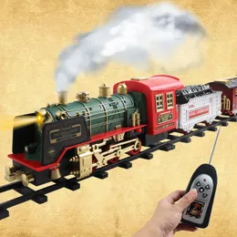 Pista RC elettrica telecomandata vagone ferroviario fumo con luci musicali carica natalizia giocattolo per bambini 221122
