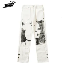 Men's Jeans Spoof Portrait Graffiti Print Denim Pant Mens High Street Loose Streetwear Fashion Trouser Unisex Straight-Leg White 221122