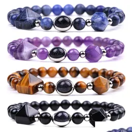 Beaded Pyramid Facetter Stone Strand Armband SemiPrecious Amethyst Rose Quartz Tiger Eye Pärled Yoga Obsidian Sodalite Armband Fas Dhyvvv