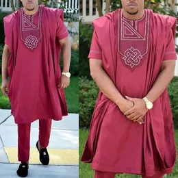 Ethnic Clothing H&D African Men 3 Pieces Set Mens Dashiki Robe Shirt Pants Suit Short Sleeve T-shirt Wedding Party Attire Formal Outfit