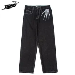 Jeans da uomo Punk Bone Stampa Dritto Allentato Uomo Retro High Street Pantaloni casual oversize in denim Harajuku Pantaloni jeans lavati unisex 221122