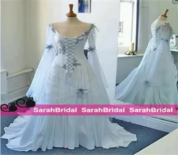 2022 Vintage Celtic Hochzeitskleid Elfenbein und hellblau farbenfrohe mittelalterliche Brautkleider Schaufel Korsett Langarmanlagen Custom MA5794907