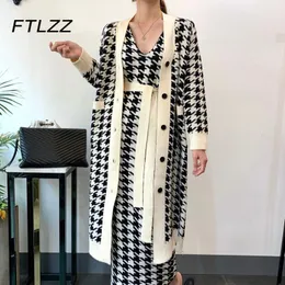 Two Piece Dress Autumn Winter Vintage Set Sexy V neck Long Knitted Sweater Cardigan Houndstooth Vest Outfits Woman Suits 221122