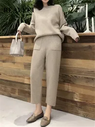 Pantaloni da donna a due pezzi REALEFT Set da 2 pezzi Tuta in maglia calda Autunno Inverno Maglione con collo alto e abiti casual pullover Harme 221122