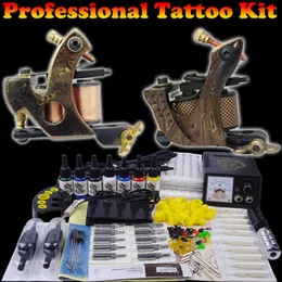 Tattoo Professional Complete Tattoo Kit للمبتدئين 2 Pro Machine 7 Colors Ink Edeles Power Supply Grip Practice Skin Ske301H