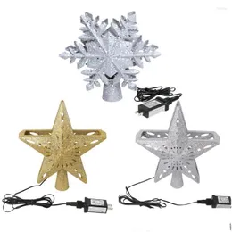 Decorazioni natalizie Decorazioni natalizie Ourwarm 3D Glitter Star Led Tree Topper con proiettore a fiocco di neve bianco rotante incorporato Dh8K5