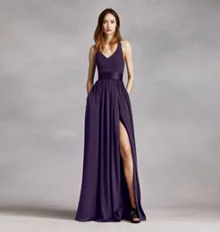 V Neck Halter Neckline Chiffon Front Slit Bridesmaid Dress VW360214 with Sash Wedding Party or Any Special Event2023099