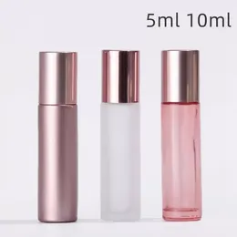 5 10ML Mini Roll On Roller Bottle Bottiglie di vetro per fragranze Bottiglia di olio essenziale in oro rosa Rulli metallici in acciaio Contenitore per profumo a sfera