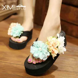 Xmistuo Sommer Frauen Strand Böhmischen Hausschuhe Weiche Rutschen 7Cm High Heel Koreanische Haus Mädchen Blume Hausschuhe XM12019 J220716