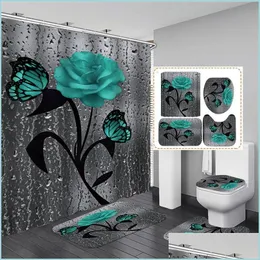 Maty do kąpieli kwiatowa mata kąpielowa i 180 x 180 cm Zestaw zasłony prysznicowej z haczykami dywaniki przeciw składowi łazience dywan toaleta podkładka 1229 upuść deliv dhfe3