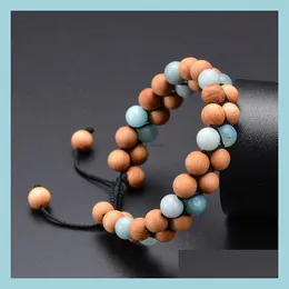 Perline Vintage Amazonite Perline di legno Doppia fila Bracciale Pietra Intrecciato Braccialetti regolabili Bracciale rigido Donna Uomo Gioielli di moda D Dhw7W