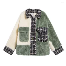 Women's Fur PERHAPS U Women Blue Green Beige Faux Jacket Coat Turn Down Collar High Street Tweed Plaid Pocket Outwear Patchwork C0246