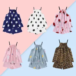 Kläder sätter barn pajamas flickor ärmlösa sommarkläder baby tecknad tryckt siden rem toppar shorts 2 st barn fritid kostymer 1-7y