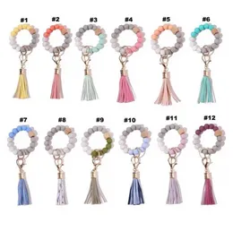 Valentine's Day Party Favor Silicone Beaded Bangle Keychain with Tassel for Women Wristlet Key Ring Bracelet Wholesale EE