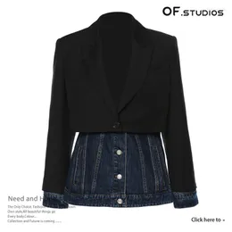 Ternos femininos feminino preto jeans emendado longo blazer manga lapela solto ajuste jaqueta moda Y1230