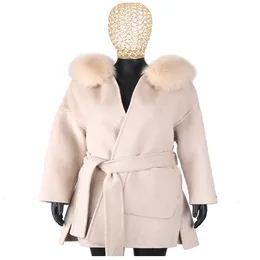 Womens Fur Faux Furyoume 100 ٪ Wool Coat Coat Real Collar Jacket Winter Fashion Longer Casaco Casaco للنساء مع حزام 221122