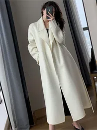 Women' Blend Elegant Long Coat With Belt Solid Color Sleeve Jackets Chic Outerwear Ladies Overcoat Autumn Winter 221123