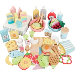 Mutfaklar Yemek Oynar Kızlar için Ahşap Mutfak Oyuncakları Yemek Seti Salat Fries Burgers Etkileşimli Montessori Oyunları Çocuklar 221123