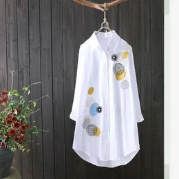 Kadın Tulumları Tulumlar Kadın Beyaz Gömlek 100 Pamuklu Giyim Düğmesi Yukarı Dönüş Yatak Uzun Kollu Bluz Nakış Feminina F106 221123