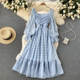 Casual Dresses French Elegant Sweet Blue Plaid Princess Dress Autumn Square Collar Lantern Sleeve Vestidos Fairy Mesh Patchwork Women