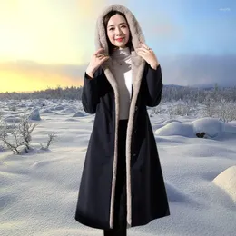 여자 모피 팜므 탑 코트 여성 2022 Winter Long Parkas Mink 라이너 재킷 더블면 마모 후드 따뜻한 외부웨어 H1860