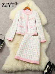 Dwuczęściowa sukienka ZJYT luksusowy projektant Tweed wooolen kurtka spódnica dla kobiet różowe kawałki stroje jesienne zimowe ubrania eleganckie garnitur 221123