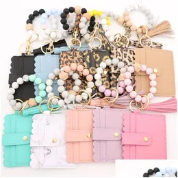 Keychains Lanyards Sile Beaded Wristlet Keychain Bracelet Leather Tassel Wallet Bangle Colors Keyrings Drop Delivery Fashion Access Dh209